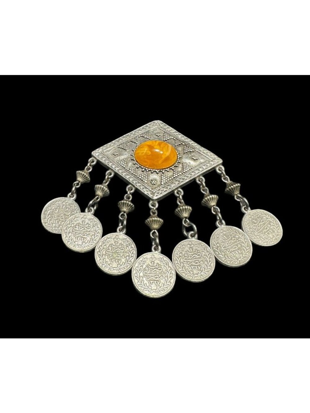 Ben Amun Brooch Two Sided Coins Dangle Geometric Pin Orange Cab Statement